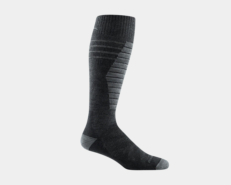 Darn Tough Edge Over-the-Calf Midweight Ski & Snowboard Socks in black and gray with textured knit design, side view.