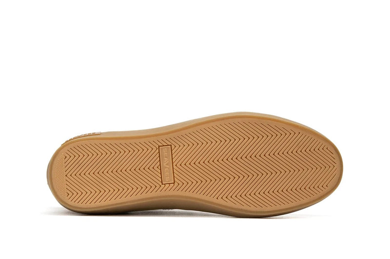 SeaVees El Cap Camp Moc shoe outsole in tan rubber with herringbone traction pattern, bottom view.