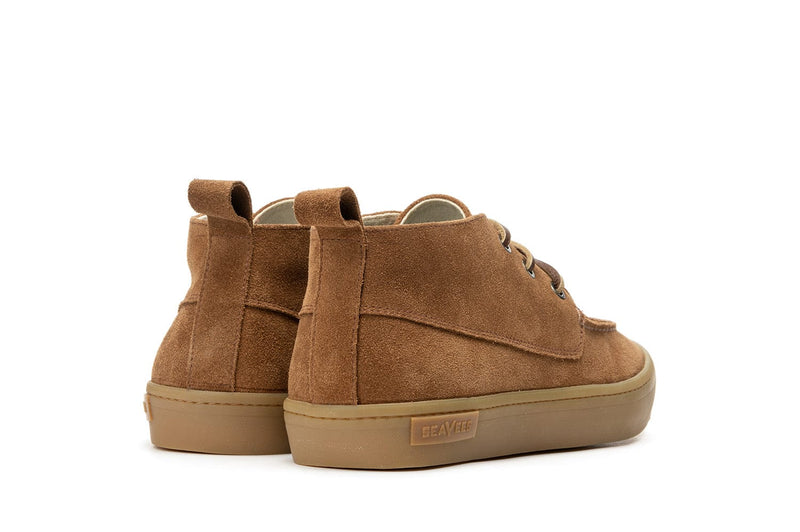 SeaVees El Cap Camp Moc shoes in brown suede with pull tab and gum rubber outsole, back angle view.