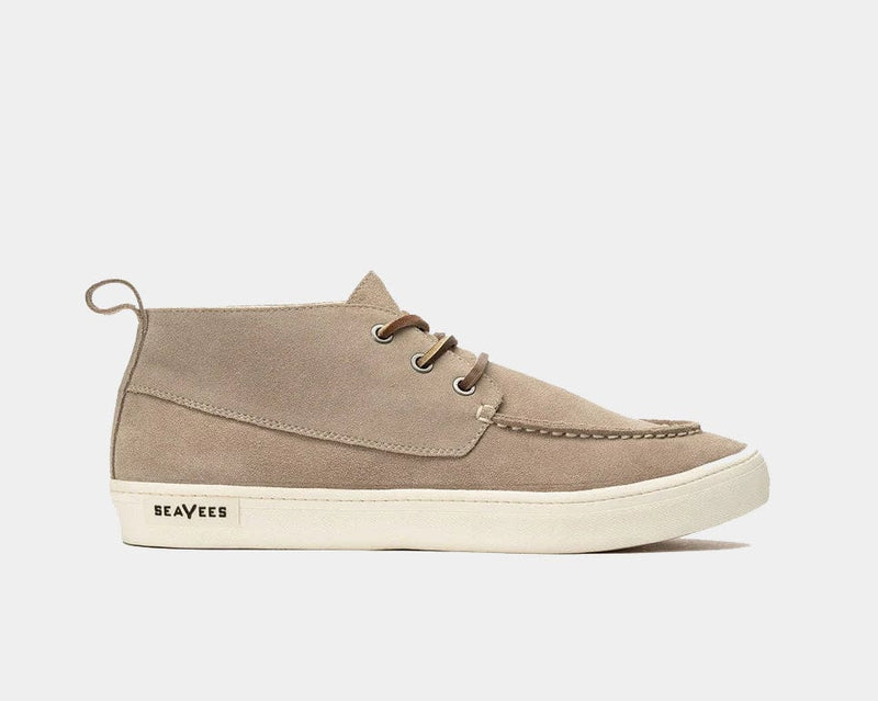 SeaVees El Cap Camp Moc shoes in taupe suede with moc toe stitching and cream rubber sole, side view.