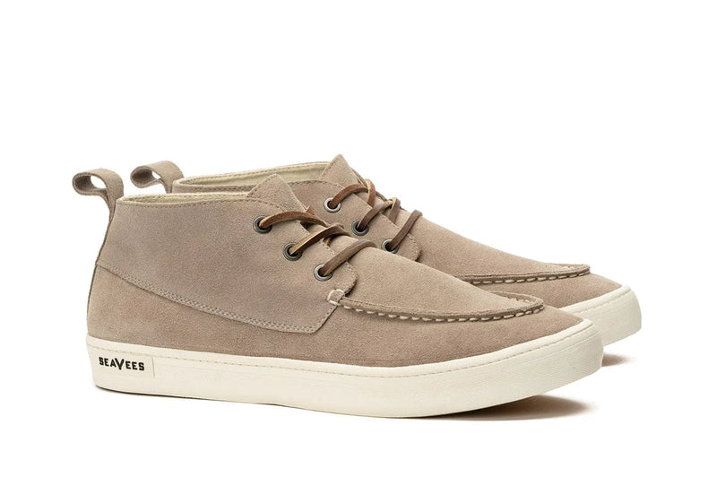SeaVees El Cap Camp Moc shoes in beige suede with moccasin toe stitching, brown laces, and a white rubber sole, side angle view