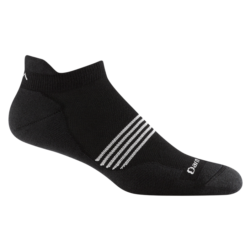 Darn Tough Element No Show Tab Lightweight Running Sock in black with white stripe details, side view showing breathable design.