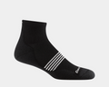 Darn Tough Element Quarter Lightweight Running Sock in black with white stripe accents and reinforced toe, side view.