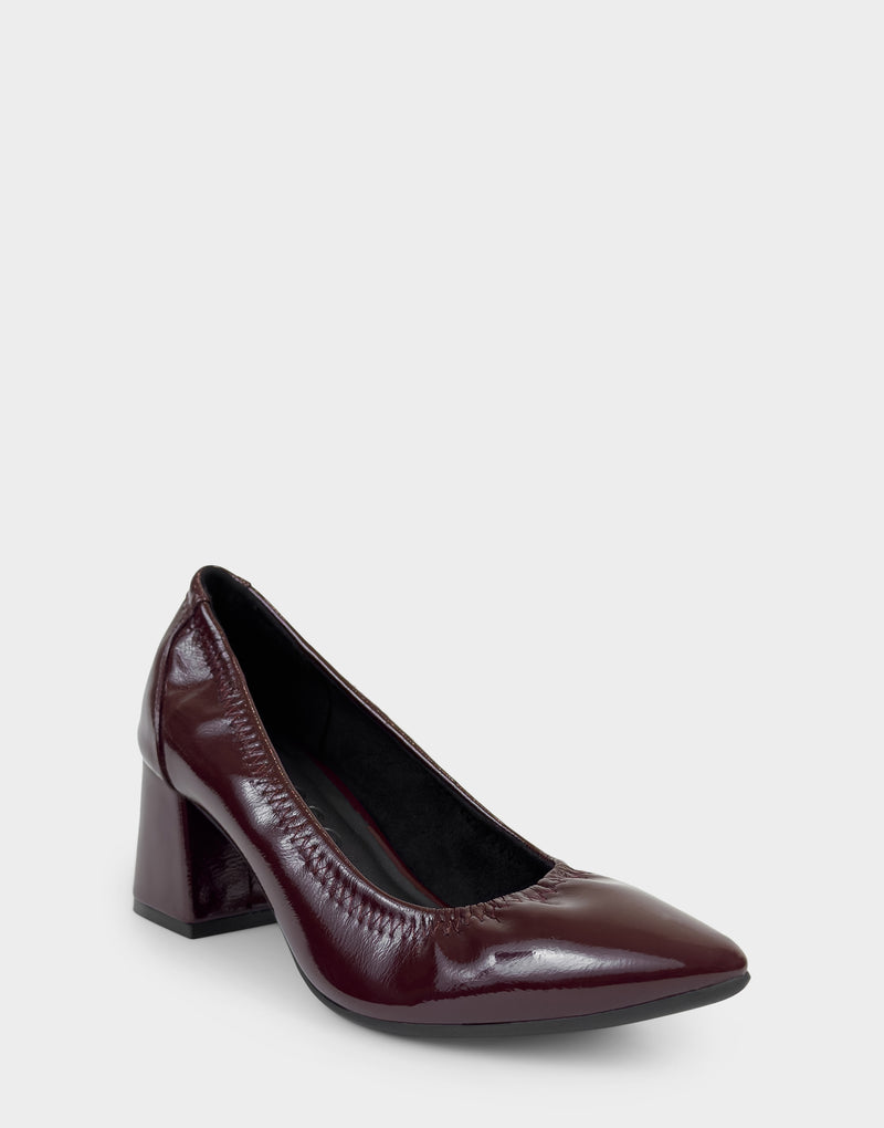 Comfortable Women's Pump In Burgundy Patent Faux Leather Side Angle View