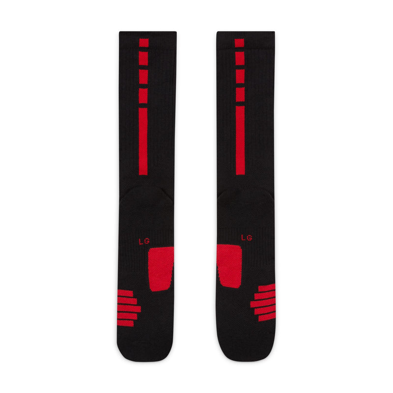 Nike Elite Crew socks in black with red accents, featuring cushioned footbed and sweat-wicking fabric, flat lay front view.