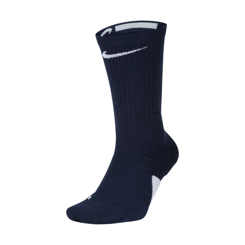 Nike Elite Crew socks in navy blue featuring ribbed fabric, a reinforced heel, and a white Nike logo, side view.