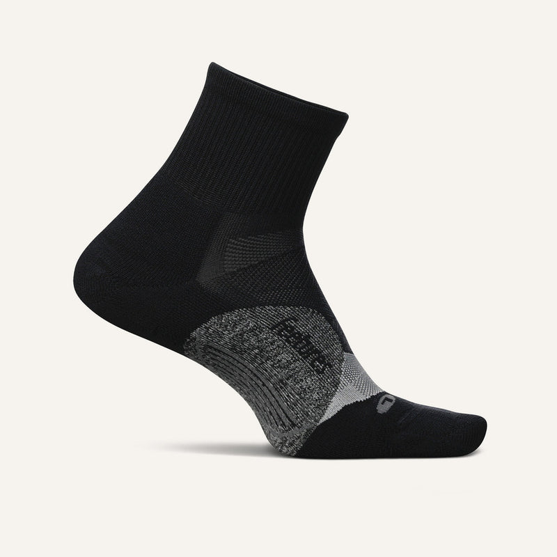 Feetures Elite Light Cushion Quarter socks in black with gray cushioning details, side view.
