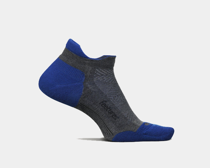 Feetures Elite Max Cushion No Show Tab socks in gray and blue, featuring targeted compression and seamless toe, side view.