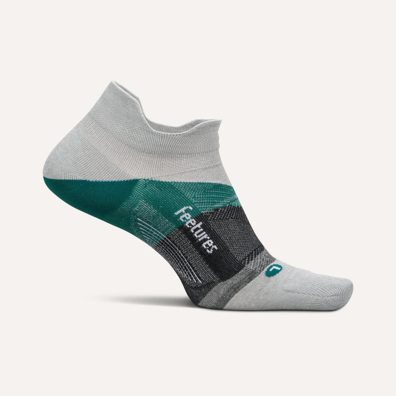 Feetures Elite Ultra Light No Show Tab socks in gray, teal, and black, side view showing logo and low-cut design.