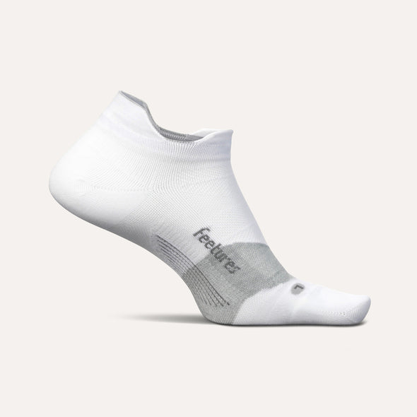 Feetures Elite Ultra Light No Show Tab socks in white and gray with targeted compression, side view.
