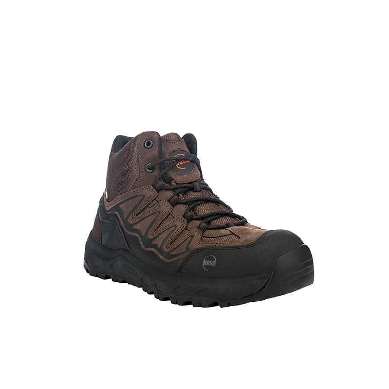 Hoss Eric Hi Safety Toe work boots in brown with black protective safety toe and rugged sole, front-side view.