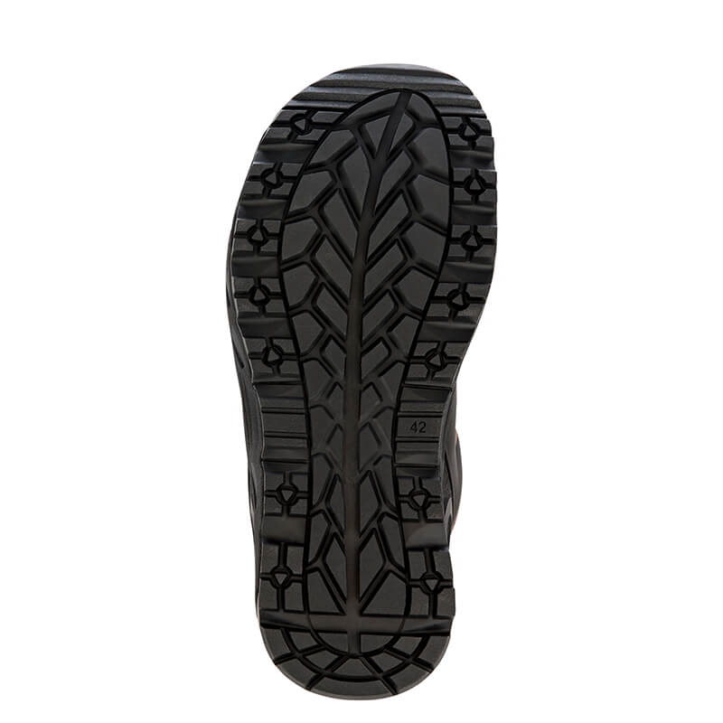 Hoss Eric Hi Soft Toe work boots outsole showing slip-resistant tread pattern in black rubber.