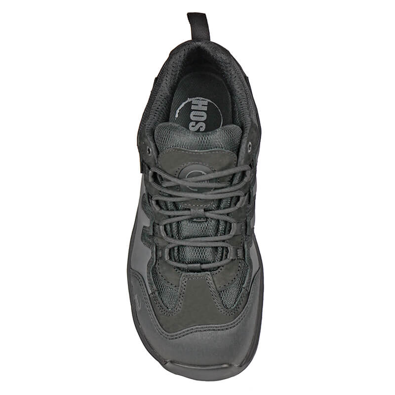 Hoss Eric Lo Aluminum Safety Toe work shoes in dark gray with durable leather and mesh upper, lace-up closure, top view.
