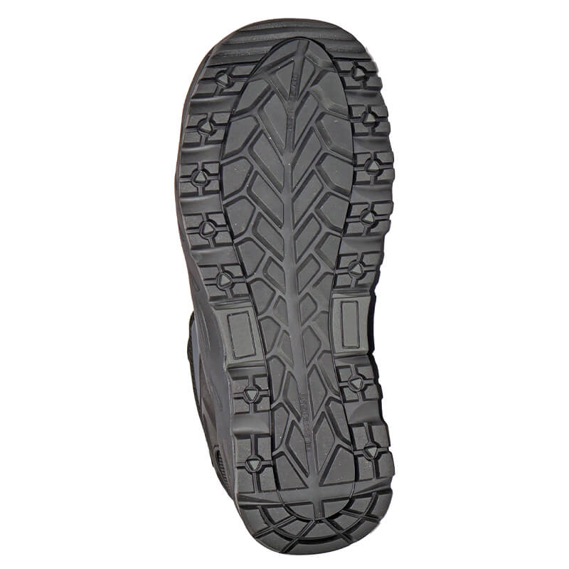 Hoss Eric Lo Aluminum Safety Toe work boot outsole in black rubber with slip-resistant tread pattern, bottom view.