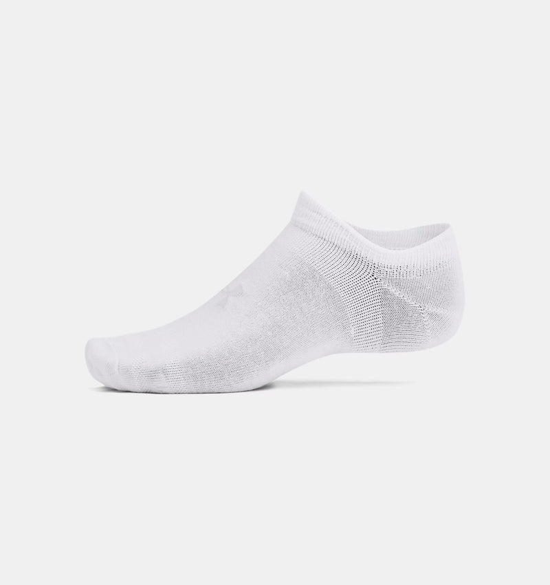 Under Armour Essential Cushioned No Show Socks 6-Pack in white with breathable fabric and ribbed cuff, side view.