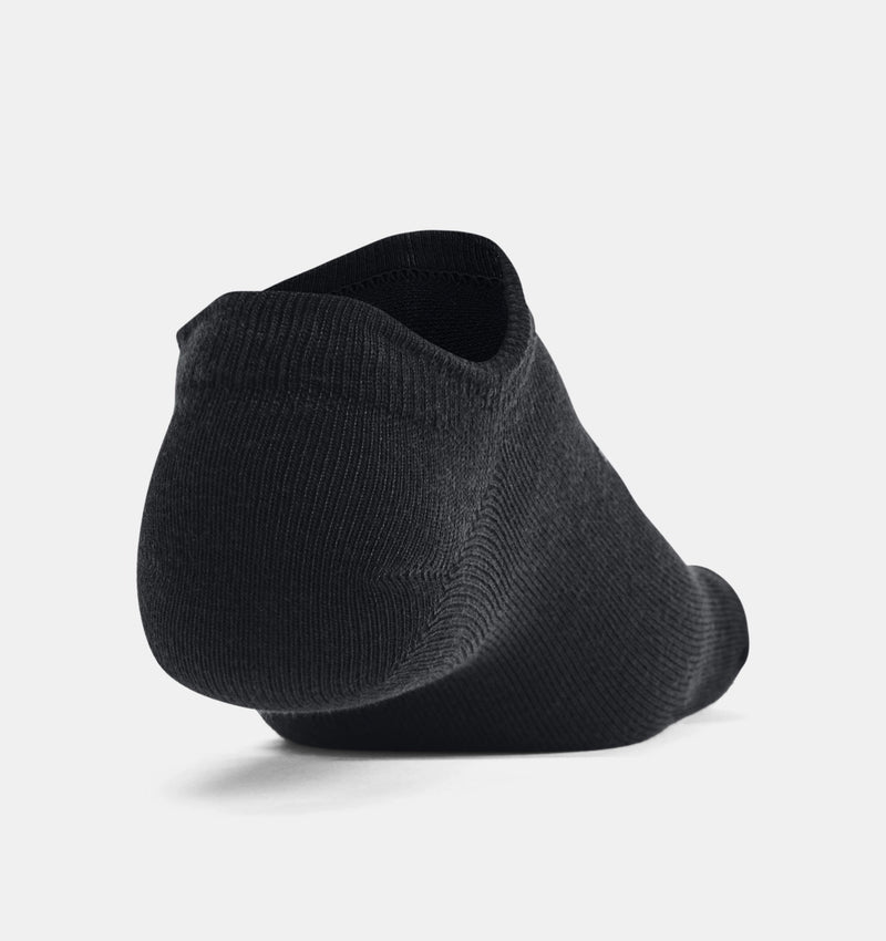 Under Armour Essential Cushioned No Show Socks 6-Pack in black, ribbed texture and reinforced heel, side angled view.