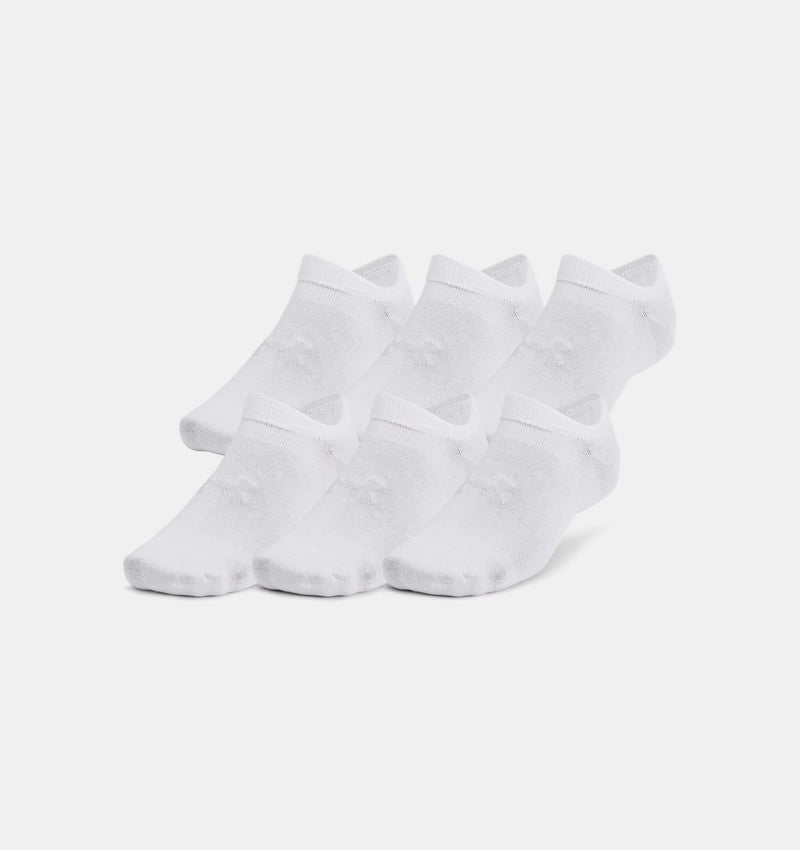 Under Armour Essential Cushioned No Show Socks 6-Pack in white with ribbed cuffs and soft fabric construction, front view.