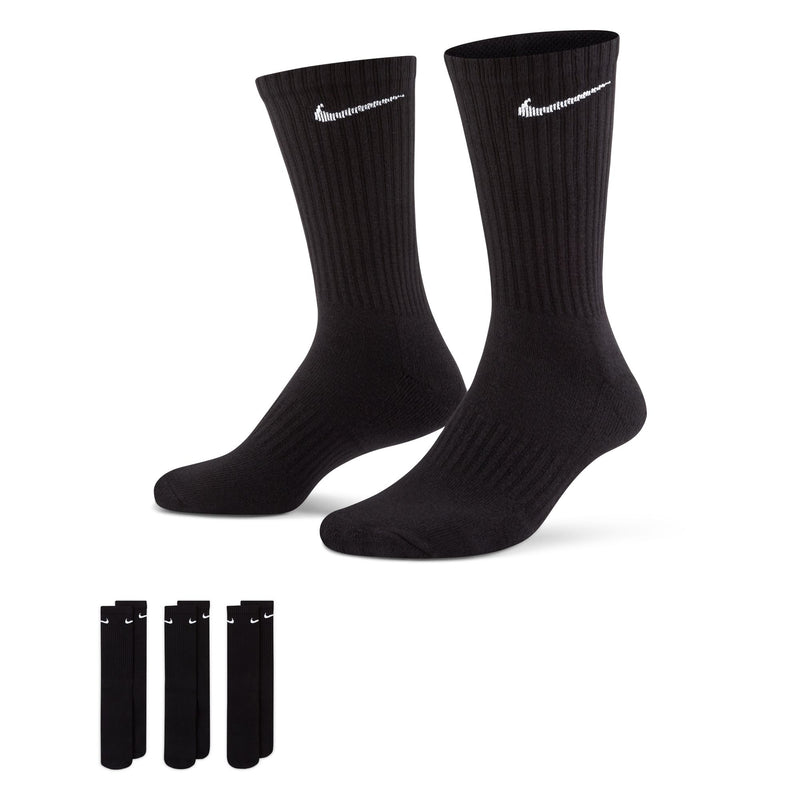 Nike Everyday Cushioned Crew Socks in black with ribbed design and white logo detailing, front view displaying pair and set.