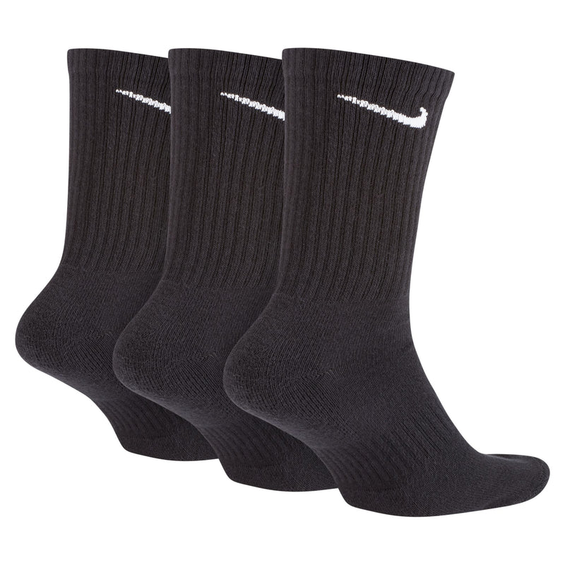 Nike Everyday Cushioned Crew Socks in black with white logo detailing and ribbed texture, side view showing three pairs.