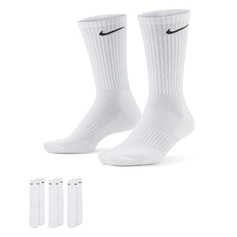 Nike Everyday Cushioned Crew Socks in white with black Swoosh logo, ribbed cuffs, and cushioned sole, side view with 6-pack set.