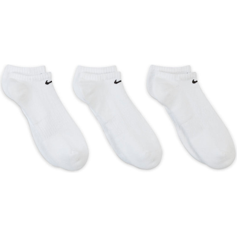 Nike Everyday Cushioned Training No-Show Socks in white with ribbed cuffs and black Nike logo, front view showing a set of three pairs.