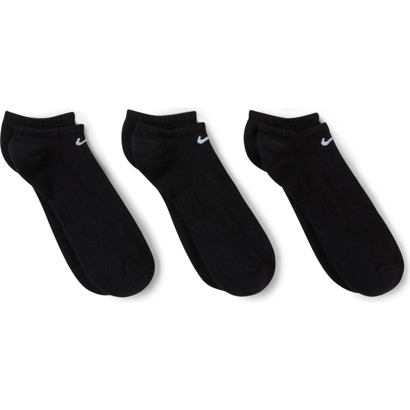 Nike Everyday Cushioned Training No-Show Socks in black with ribbed cuffs and white logo detailing, front view of three pairs.