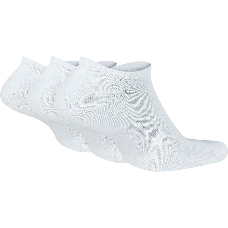Nike Everyday Cushioned Training No-Show Socks in white with ribbed details and cushioned sole, side angle view.