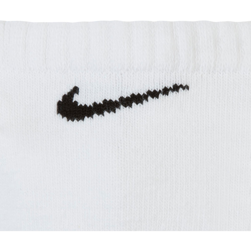 Nike Everyday Cushioned Training No-Show Socks in white with black logo detail, close-up view of ribbed material texture.