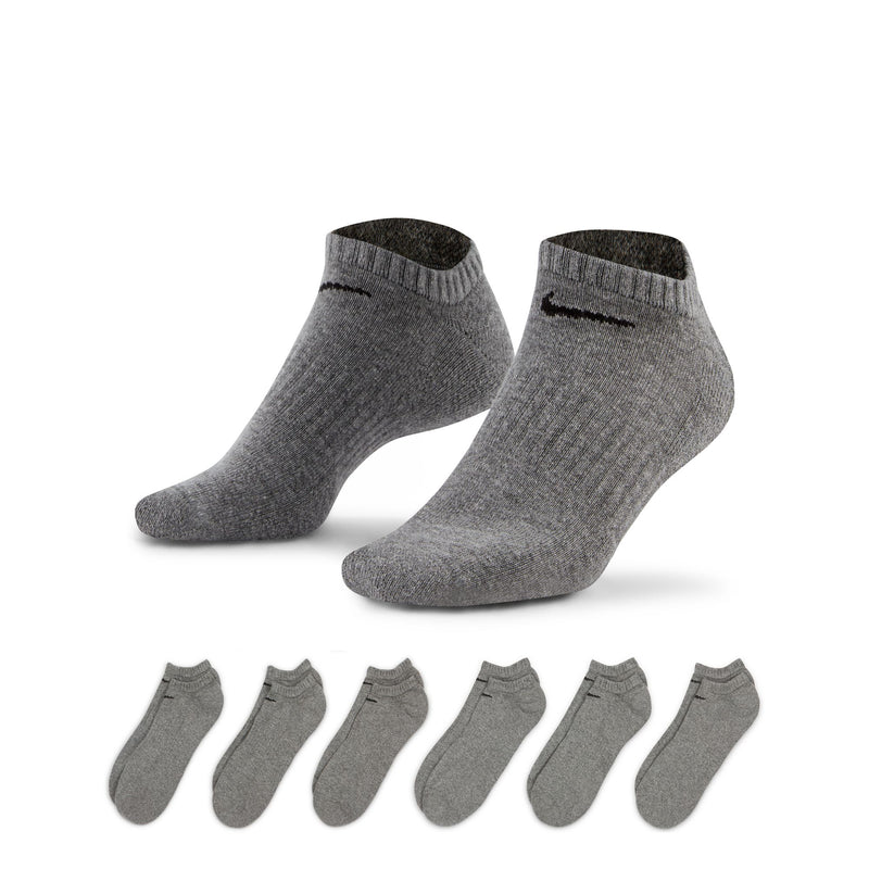 "Nike Everyday Cushioned Training No-Show Socks in gray, ribbed texture with black logo, pack of six, side and front view"