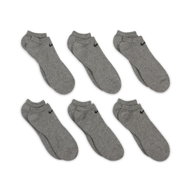 Nike Everyday Cushioned Training No-Show Socks in gray, featuring soft fabric and reinforced cushioning, multi-pair display.