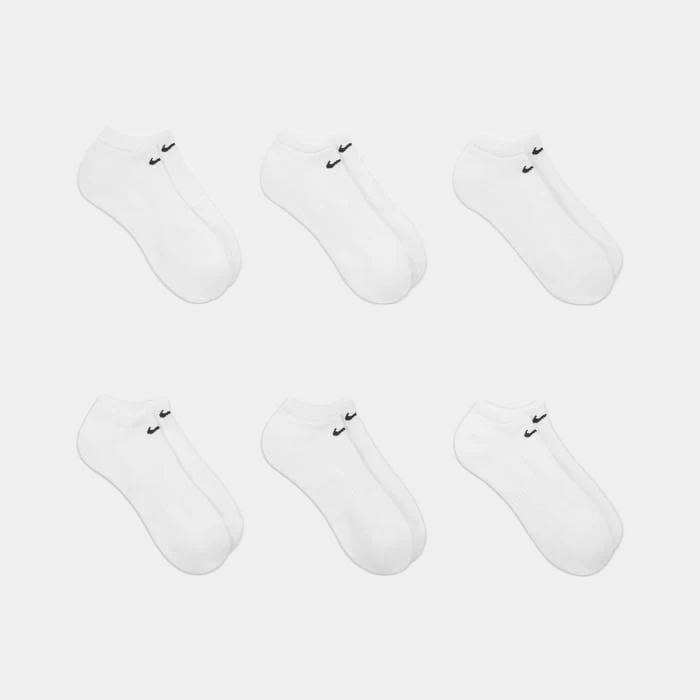 Nike Everyday Cushioned Training No-Show Socks in white with black logo accents, featuring soft fabric and a no-show design, front view.