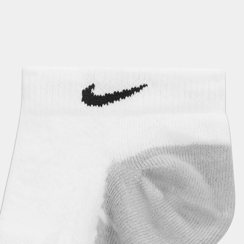 Nike Everyday Max Cushioned No Show Socks in white with gray toe area and black Nike Swoosh logo, close-up view.