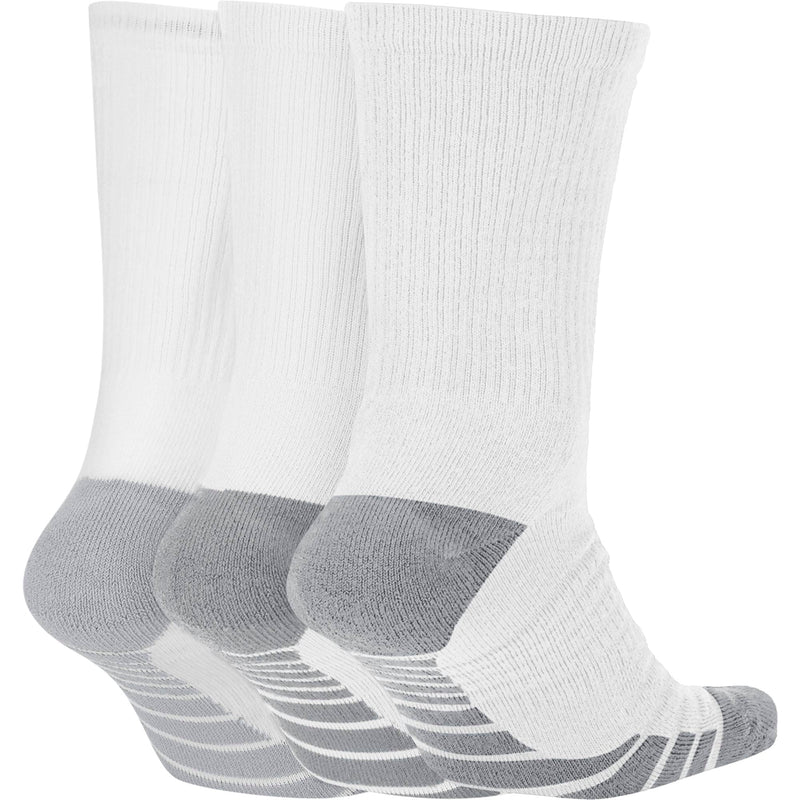 Nike Everyday Max Cushioned Training Crew Socks in white with gray reinforced heel and toe, side view showing ribbed upper and arch support.