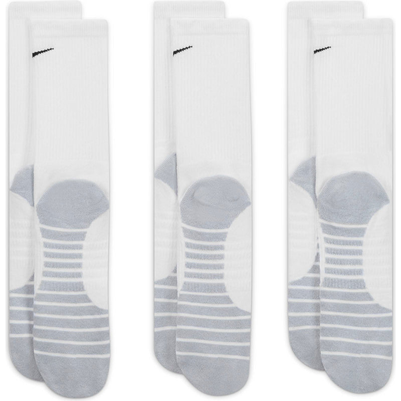 Nike Everyday Max Cushioned Training Crew Socks in white with gray cushioned soles and ribbed upper design, front view showing three pairs.