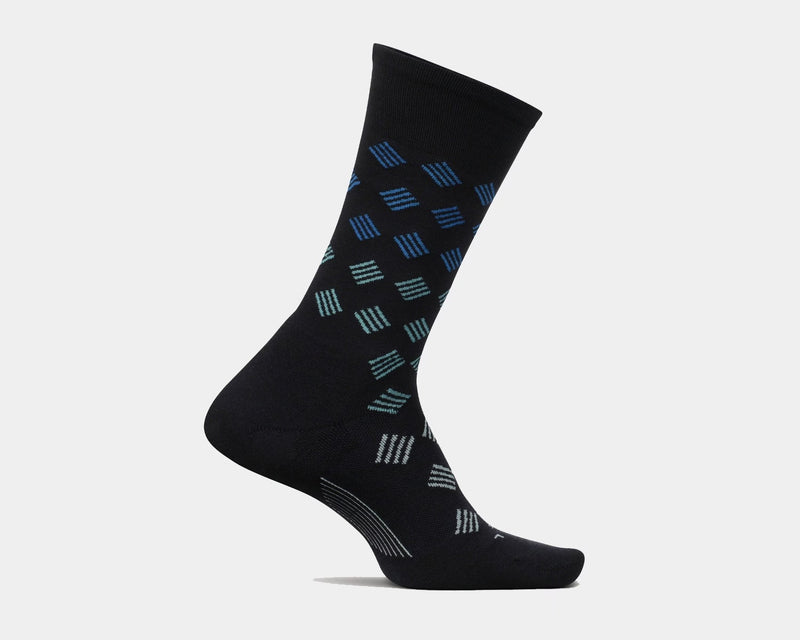 Feetures Everyday Men's Max Cushion Crew socks in black with blue and green geometric patterns, side view showing crew length design.
