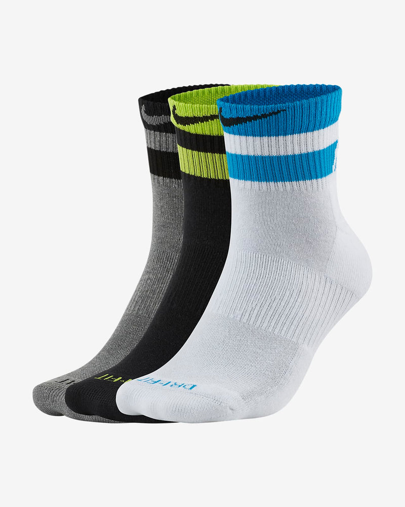 Nike Everyday Plus Cushion Ankle socks in gray, black, and white with contrasting colored accents, ribbed cuffs, and cushioned footbed, front view.