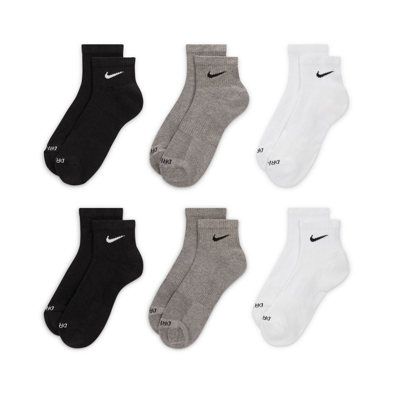 Nike Everyday Plus Cushioned Ankle Socks in black, gray, and white with Dri-FIT technology and ribbed cuffs, front view.
