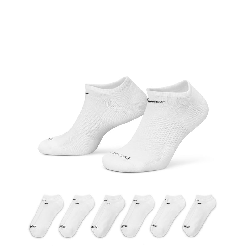 Nike Everyday Plus Cushioned No Show Socks in white with soft ribbed cuff, arch support, and sweat-wicking fabric, side view.
