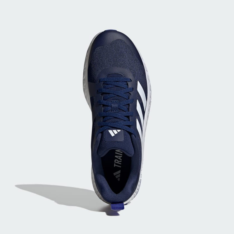 Adidas Everyset Trainer shoes top view in navy blue with white stripe accents, mesh upper, and lace closure system.