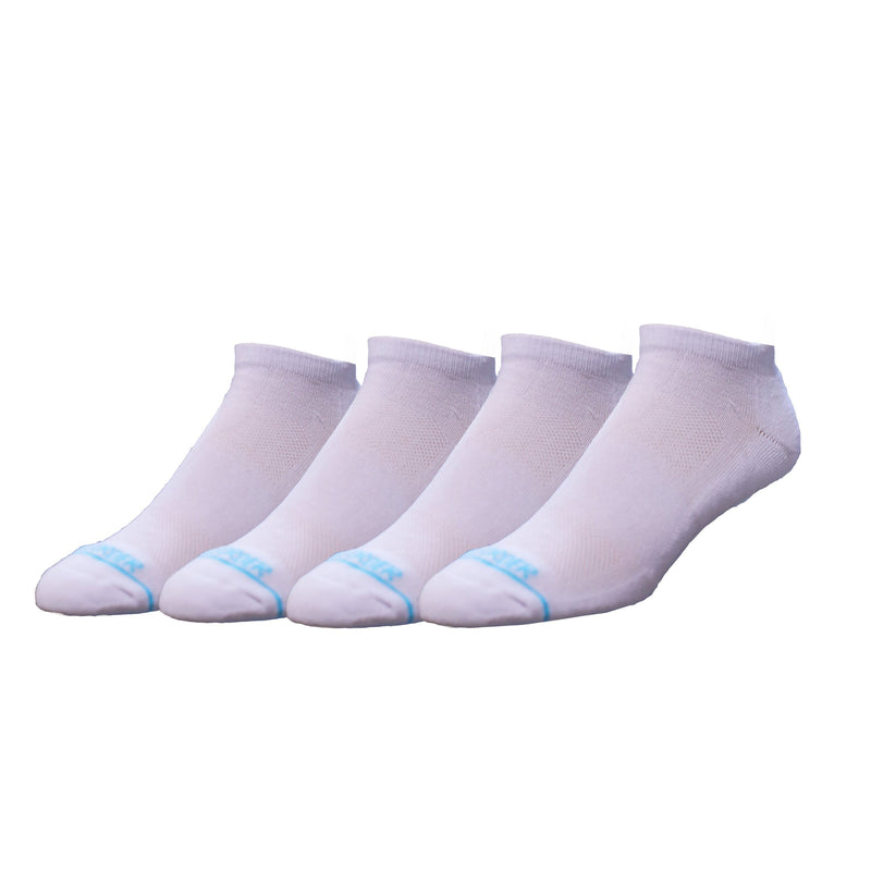 Tall Order Extra Cushioned Low Socks in white with soft cushioning and blue toe detailing, side view showing multiple pairs.