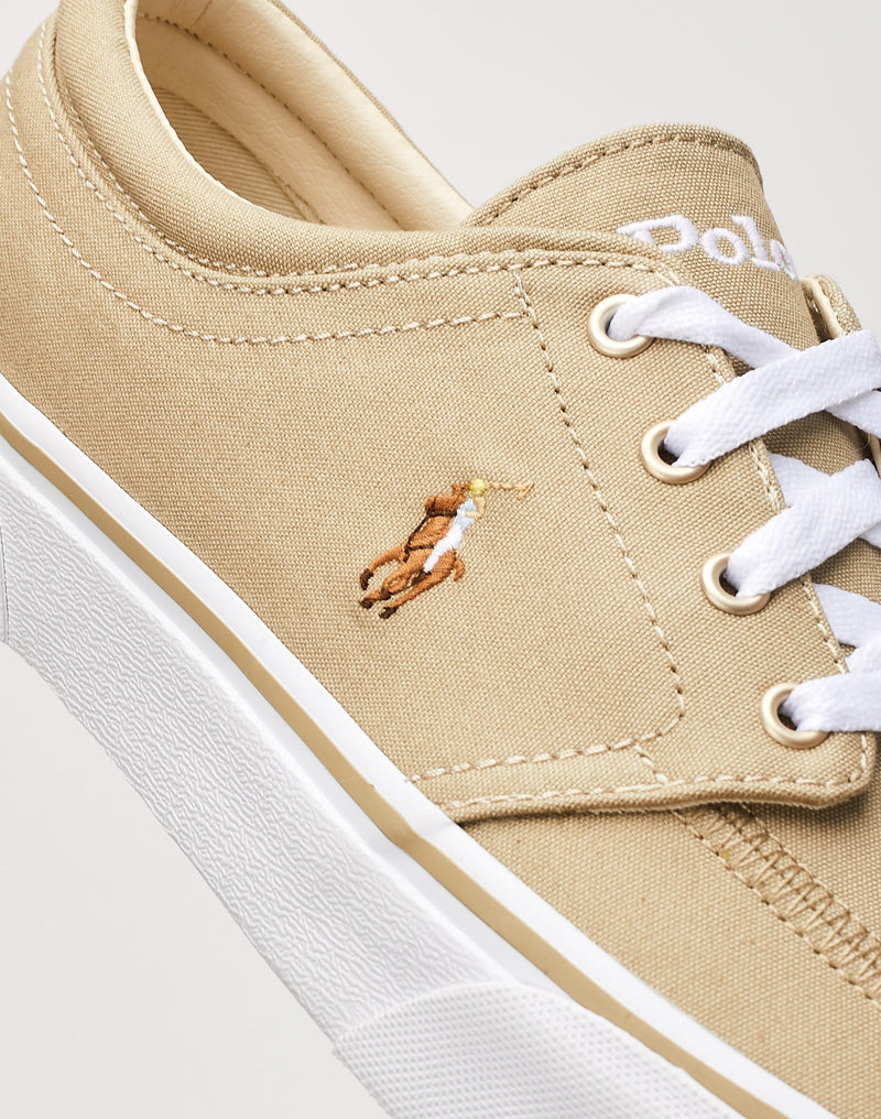 Polo Ralph Lauren Faxon X Canvas shoes in beige canvas with embroidered logo and white laces, side view showing textured sole.