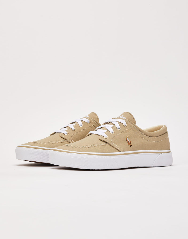 Polo Ralph Lauren Faxon X Canvas casual sneakers in beige canvas with white laces, embroidered logo, and white rubber sole, front angle view.