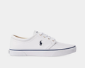 Polo Ralph Lauren Faxon X Leather sneakers in white leather with navy blue accents, side view showing iconic polo logo embroidery.
