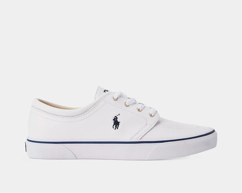 Polo Ralph Lauren Faxon X Leather sneakers in white leather with navy blue accents, side view showing iconic polo logo embroidery.