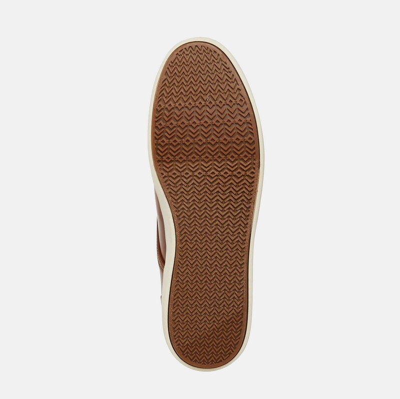 Steve Madden Fenta Leather sneakers with a textured brown rubber outsole and herringbone tread pattern, bottom view.