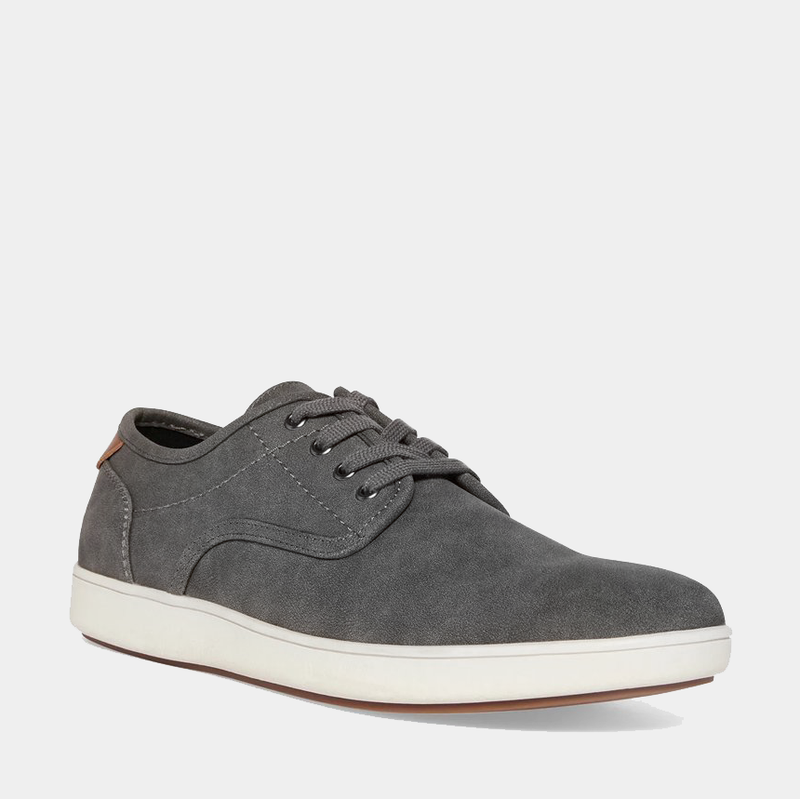 Steve Madden Fenta Suede shoes in gray suede with a lace-up design and white rubber sole, side front view.