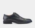 Rockport Findlay Lace-up Almond Toe Oxfords in black leather with sleek stitching and lace closure, side view.
