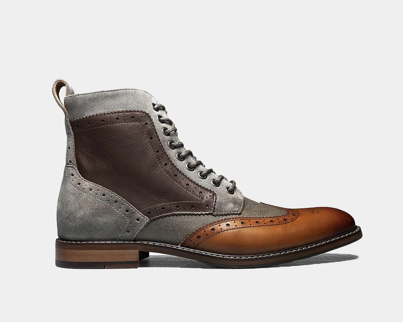 Stacy Adams Finnegan boots in gray suede and brown leather with brogue detailing and lace-up design, side view.