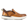 Florsheim Work Fleet Work Comp Toe Slip On shoes in tan and brown leather with perforated sides, side view.
