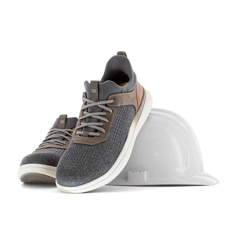 Florsheim Work Fleet Work Comp Toe Sneaker in gray and brown with textured mesh upper, composite toe, and white midsole, front angle.